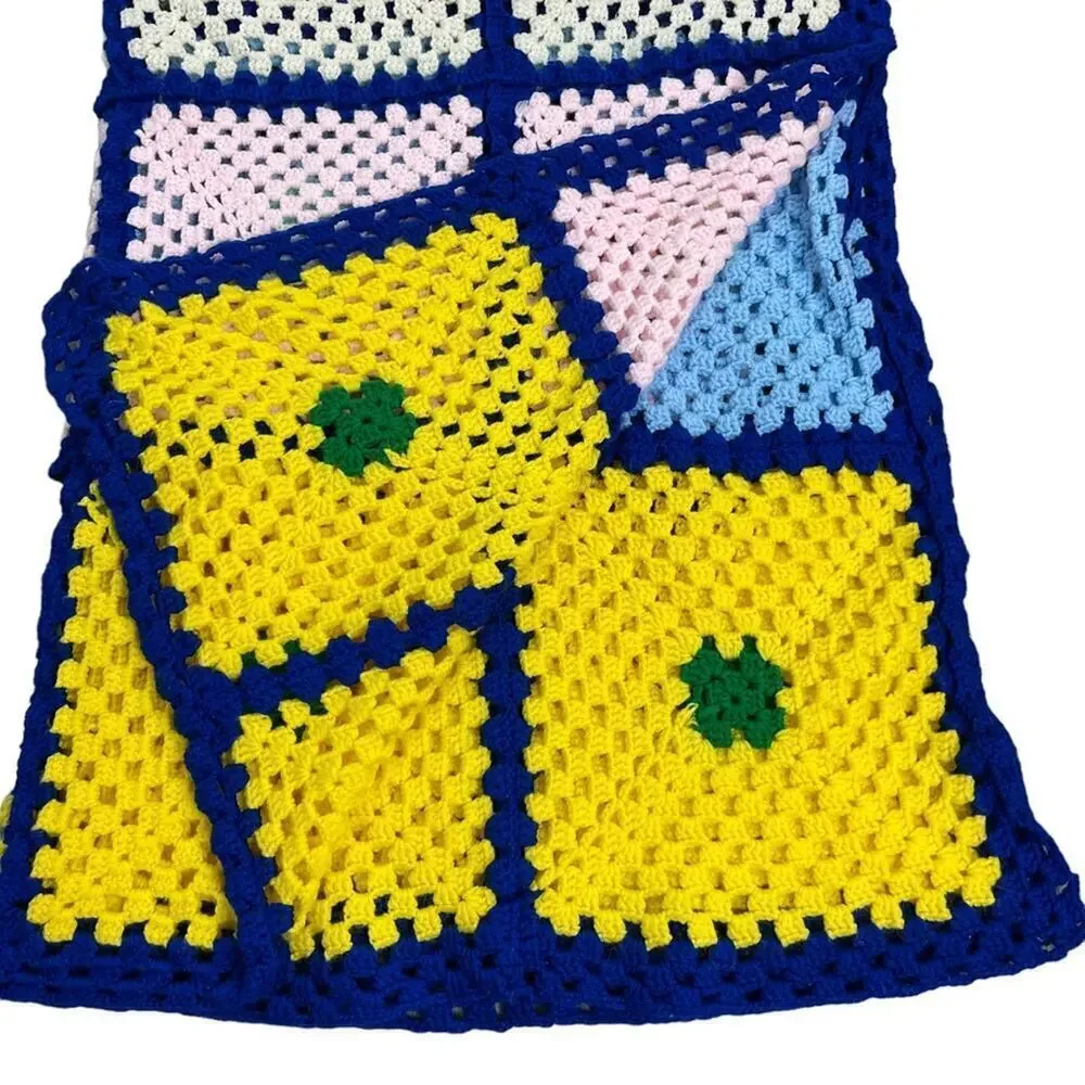 Vintage Afghan Handmade Granny Square Crochet Knit Blanket Multicolored Throw